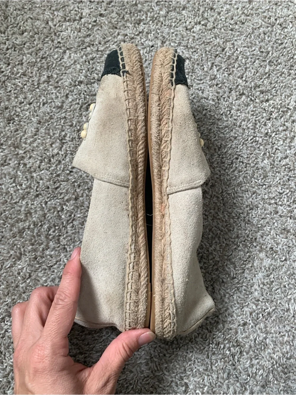 Tory Burch Pearl Logo Beige Suede Slip-On Espadrilles with Black Toe